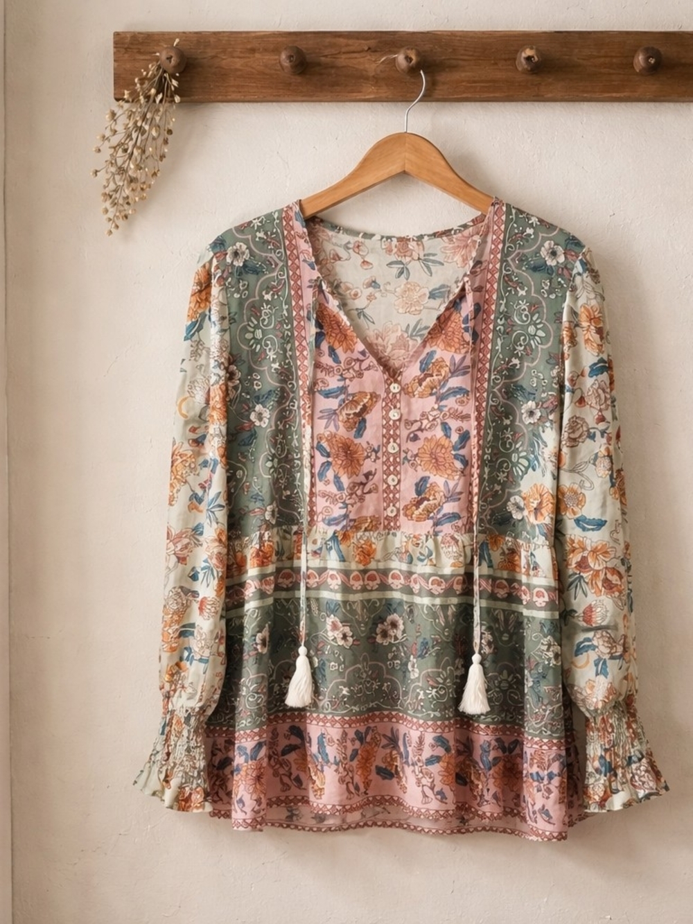 Boho Floral V-Neck Peasant Blouse in Sage and Blush